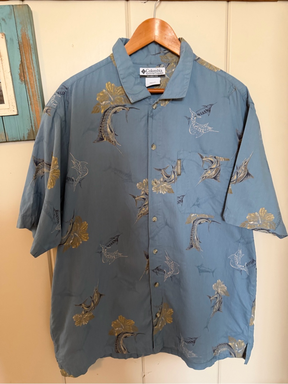 Columbia Mens L 2006 Marlin Sailfish Fishing Shirt AOP Hawaiian 100% Cotton